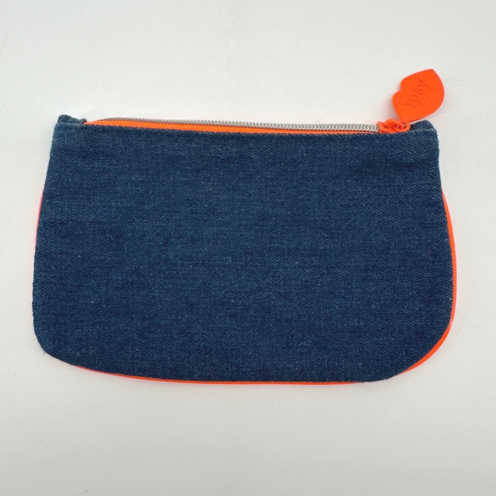 Ipsy Denim Makeup Bag Neon Orange Trim Lip Zipper Pull Cosmetic Pouch